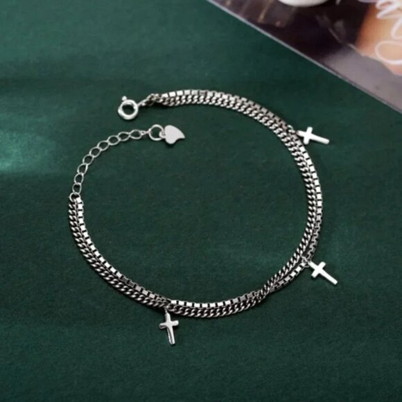 925 Sterling Silver Dainty Minimalist Cross Bracelet Layered Box Chain Bracelet - Picture 5 of 5